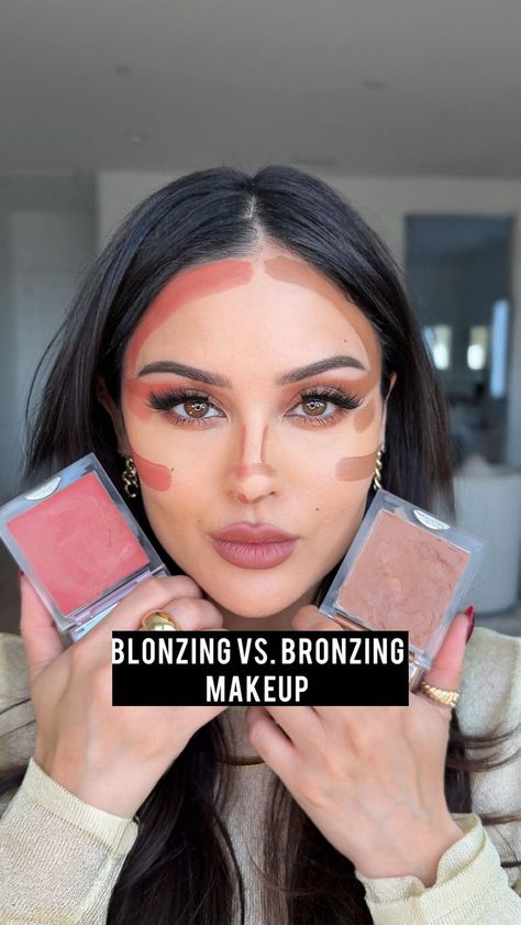 Christen Dominique | Which one looks better? I can’t decide🫢❤️🤎 Cream Blush @dominiquecosmetics in Natural Rose Cream Bronzer @dominiquecosmetics in Medium... | Instagram Pointy Nose Contouring, Contour With Blush, Contour Makeup Products, Pink Setting Powder, Bronzer Vs Contour, Under Eye Brightening, Christen Dominique, Quick Makeup Routine, Makeup Contour