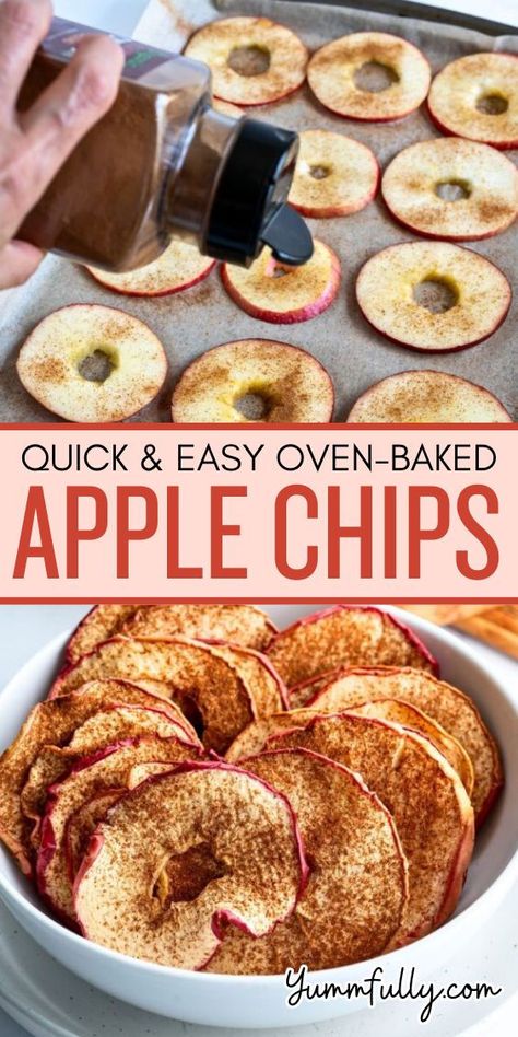 Crispy, crunchy, sweet, and delicious, these apple chips can satisfy your snacking cravings without all the calories. These healthy chips are nothing but apples, cinnamon, and lime juice. They are the perfect easy sweet snack! Baked Apple Chips, Cinnamon Apple Chips Baked, Preserving Fruit, Oven Baked Apple, Sweet Snacks Easy, Apple Chips Recipe, Cinnamon Apple Chips, Apple Chips Baked, Apples And Cinnamon