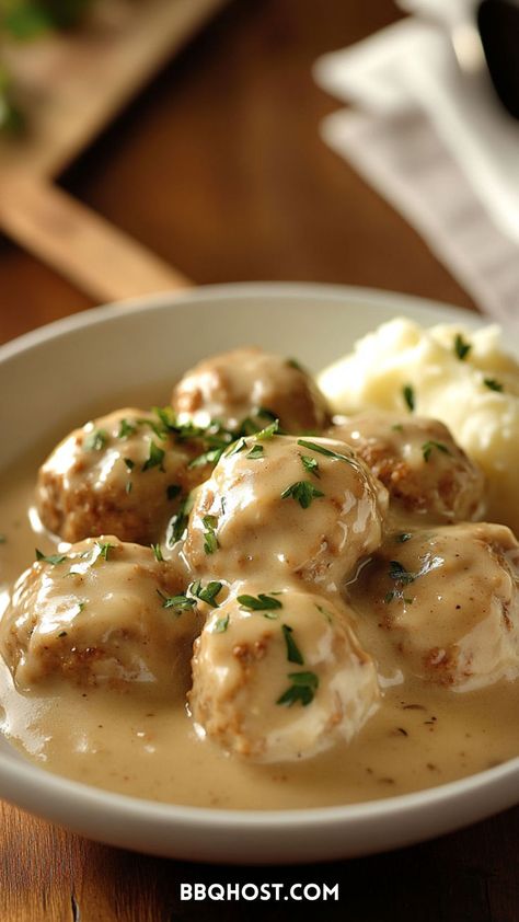 These Swedish Turkey Meatballs are creamy, flavorful, and pair perfectly with steamed veggies or mashed potatoes. Save this recipe for an easy dinner idea! Check out the blog for more recipes! Swedish Turkey Meatballs, Turkey Meatball Recipes, Turkey Swedish Meatballs, Ground Turkey Pasta Recipes, Bbq Turkey Meatballs, Ground Turkey Meal Prep, Ground Turkey Recipes Easy, Ground Turkey Pasta, Turkey Meatballs Healthy