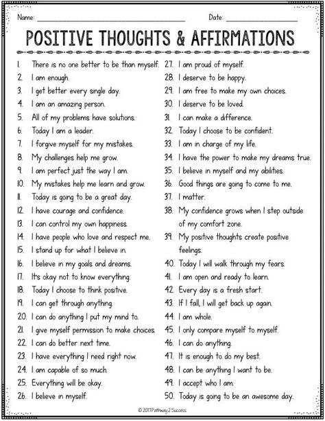 Middle School Positive Affirmations, Student Positive Affirmations, Testing Affirmations For Students, Positive Self Affirmations Activities, Emotional Regulation For Adults Worksheets, Adult Activity Printables, Mindfulness Activities For Adults Groups, Mindfulness Activities For Children, Positivity Activities