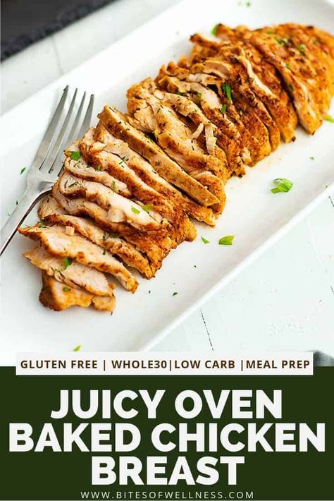 Juicy oven baked chicken breast in under 30 minutes! This healthy recipe is so easy to make and you won't believe how moist and tender the boneless skinless chicken breast becomes! Whole30, paleo, low carb and keto friendly! Juicy Oven Baked Chicken Breast, Juicy Oven Baked Chicken, Oven Baked Chicken Breast, Chicken Bites Recipes, Healthy Baked Chicken, Oven Baked Chicken Breasts, Chicken Breast Recipes Baked, Easy Chicken Breast, Chicken Breast Recipes Easy