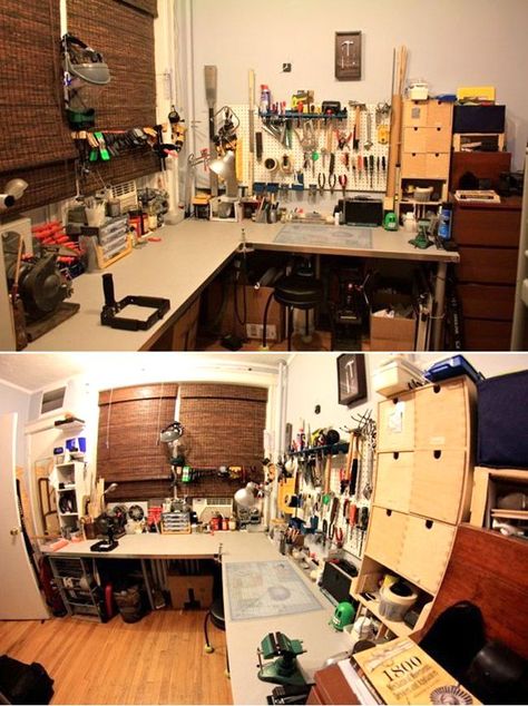 Bedroom Workshop, Hobby Workstation, Electronic Lab, Garage Apartment Floor Plans, Garage Workbench, Boston Apartment, Hobby Desk, Desk Layout, Perfectly Organized