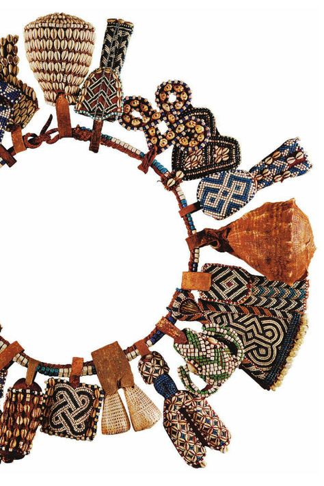 Africa | Details from a prestige belt from the Kuba people of DR Congo | Glass beads, shells and leather || Source; pg 188 ~ issuu.com/... Fabric Bead Necklace, Dr Congo, Fiber Jewelry, Ancient Jewelry, Textile Jewelry, African Beads, Fabric Beads, African Jewelry, Creative Jewelry