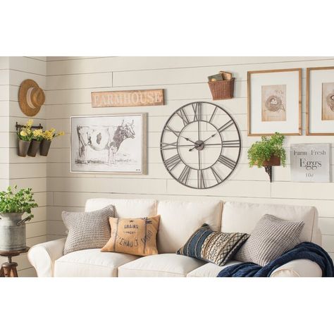 Wall With Big Clock Home Decor, Wall Decor With Big Clock, Large Wall Clock Above Couch, Large Wall Clock Gallery Wall, Wall Collage With Large Clock, Large Clock Wall Decor Living Rooms, Clock Wall Decor Layout, Clock Wall Decor Living Room, Wall Clock Decor Living Room