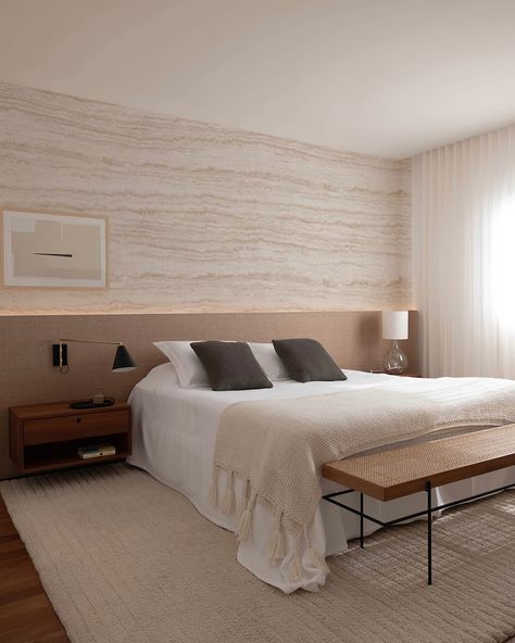 The Travertine Wall Mural in Sand is characterized by harmony and aesthetic balance. With nude and blush colors complimenting the look of neutral materials. #bedroom #homeinterior #interiordesign Travertine Wall Interior, Beige Aesthetic Interior, Travertine Wall, Accent Wall Design, Luxe Bedroom, Aesthetic Interior, Wall Interior, Create A Board, Scandinavian Style Interior