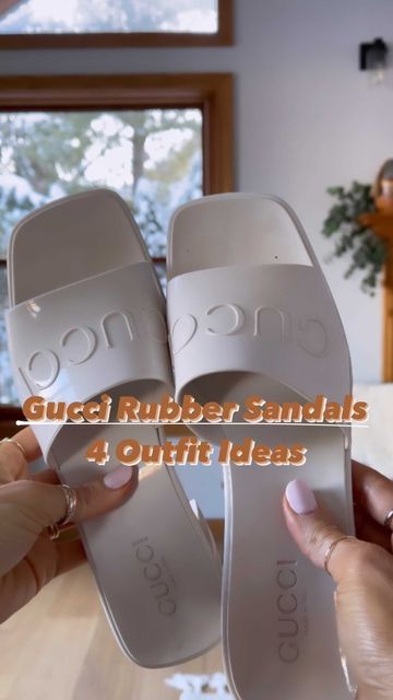 KARINA RESKE on Instagram: "Gucci Rubber Sandals - styled in 4 looks! They come in lots of pastel colors and fit tts 🤎 which look are you digging the most?! SHOP ALL PIECES VIA @liketoknowit app or directly through the link in my bio! Sandália de borracha Gucci em 4 looks, tá curtindo ou eh demais pra senhora?? Kkkk #LTKstyletip #LTKshoecrush #guccirubbersandals #howtostyle #fashionreels http://liketk.it/38xdJ #liketkit @liketoknow.it" Gucci Jelly Sandals Outfit, Gucci Rubber Slides Outfit, Gucci Rubber Sandals Outfit, Gucci Sandals Woman Outfit, Gucci Jelly Sandals, Gucci Sandals Outfit, Block Heel Sandals Outfit, Block Heel Outfit, Gucci Rubber Sandals