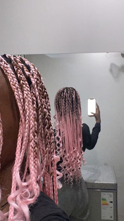 Light Pink And Black Braids, Light Pink Braids Black Women, Pink Protective Styles, Pastel Pink Braids, Pink Bohemian Braids, Pastel Pink And Black Hair, Pink Braided Hairstyles, Kawaii Braids, Light Pink Braids