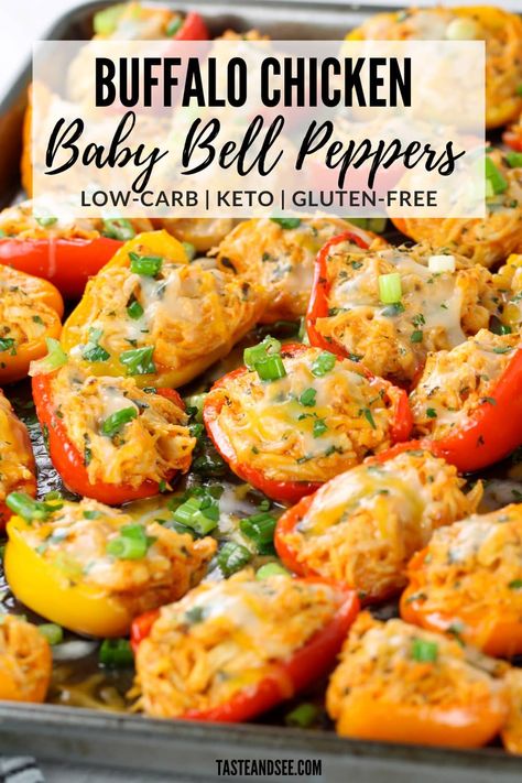 Baby bell peppers loaded with shredded chicken in a zesty buffalo sauce, melted cream cheese, and sharp cheddar cheese.  A tangy and delicious appetizer or a low-carb, gluten-free meal. #TasteAndSee Meal Prep With Bell Peppers, Buffalo Chicken Bell Pepper Nachos, Buffalo Chicken Dip Bell Peppers, Buffalo Chicken Dip Peppers, Stuffed Bell Peppers Snack, Keto Mini Bell Pepper Recipes, Appetizer Recipes Quick, Bell Peppers Snack Ideas, What To Make With Sweet Peppers