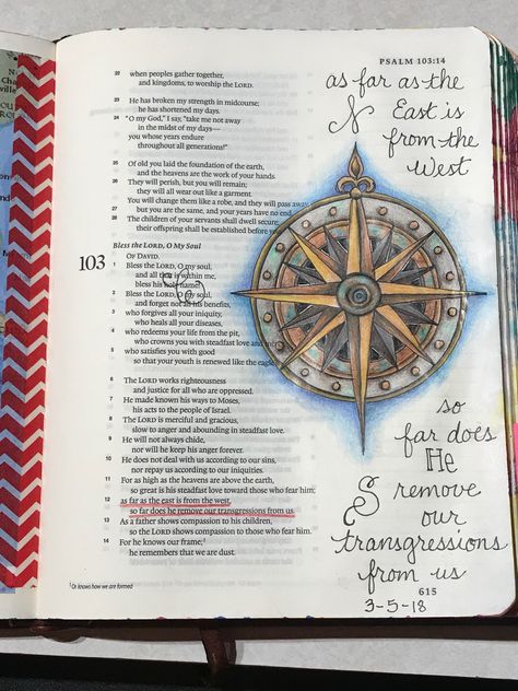 Psalm 103:12....as far as the east is from the west, so far does He remove our transgressions from us. Sherrie Bronniman - Art Journaling:  In My Bible. Scripture Art Journaling, Psalm 103, Compass Art, Bible Psalms, Creative Bible, Bible Drawing, Bible Journaling Ideas Drawings, Bible Doodling, Bible Journal Notes