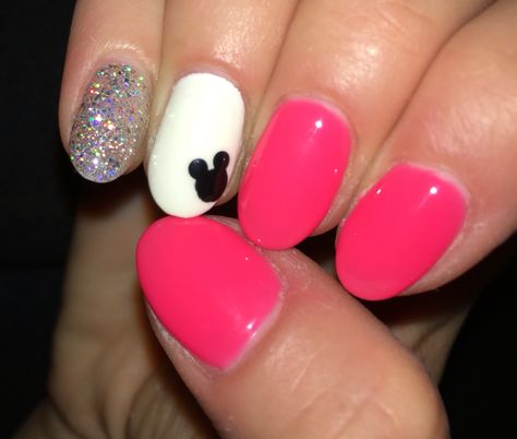 Disney nails with hot pink gel, sparkles and ofcourse mickey Valentine Disney Nails, Plain Disney Nails, Pink Mickey Mouse Nails, Pink Mickey Nails, Bright Disney Nails, Neon Disney Nails, Hot Pink Disney Nails, Pink Disney Nails, Pink And Purple Disney Nails