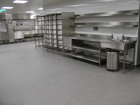 A Quick Guide to Choosing Commercial Kitchen Floors | Floortech® Commercial Kitchen Flooring, In Home Commercial Kitchen, Open Commercial Kitchen, Kitchen Vinyl Flooring, Stainless Steel Commercial Kitchen, Restaurant Equipment Commercial Kitchen, Kitchen Flooring Options, Epoxy Resin Flooring, Blue Knight