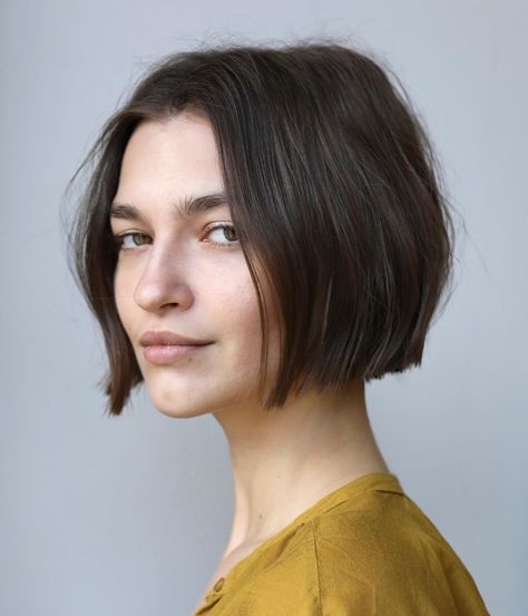 Short Blunt No-Bangs Bob Bob No Bangs, Types Of Bobs, Chin Length Cuts, No Bangs, Angled Bobs, Travel Nyc, Chin Length Haircuts, Ponytail Updo, Chin Length Hair