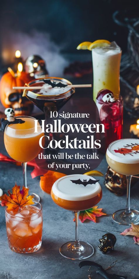 "Get ready to impress your guests with these 10 Signature Halloween Cocktails that will be the talk of your party! From spooky drinks to festive beverages, these Halloween party recipes are perfect for setting the mood. Explore creative cocktail ideas that combine eerie aesthetics with delicious flavors, ensuring your celebration is both fun and memorable. Elevate your Halloween festivities with these must-try Halloween cocktails!" Halloween Dessert Cocktails, Fun Halloween Cocktail Recipes, Halloween Apple Drinks Alcohol, Halloween Cocktail Aesthetic, Classy Halloween Cocktails, Spiked Drinks For Parties, Spooky Cocktails Drink Recipes, Halloween Themed Cocktail Recipes, Signature Halloween Cocktails