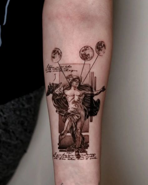 Micro realism of Hermes Messenger of the gods Hermes God Tattoo, Hermes Tattoo Design, Hermes Tattoo, I Am The Messenger, Greek God Tattoo, Micro Realism, God Tattoos, Original Tattoos, Mythology Tattoos