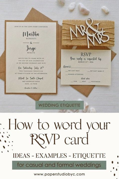 Are you stuck on what to write for your wedding RSVP cards? Finding the right wording that expresses the tone, style, and formality of your wedding can be hard. From examples of formal wedding invitations to destination weddings to alternative wording ideas, we have all the information you need to choose the right RSVP card message. Find more ideas here and let your guests know how to respond to your wedding invite! Wedding Rsvp Wording, Wedding Planning Checklist Timeline, Rsvp Wording, Wording Ideas, Non Traditional Wedding Ring, Wedding Etiquette, Weddings By Color, Personalised Wedding Invitations, Wedding Planning Checklist