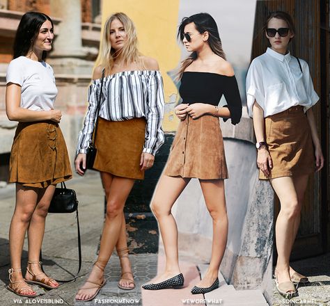 In Fashion | Suede Mini Skirts - Blue is in Fashion this Year Suede Skirt Outfit Summer, Outfits For Teens Winter, Suede Skirts, Suede Skirt Outfit, Spring Skirt Outfits, Brown Suede Skirt, Skirt Outfit Summer, Skirt Collection, Teens Movies