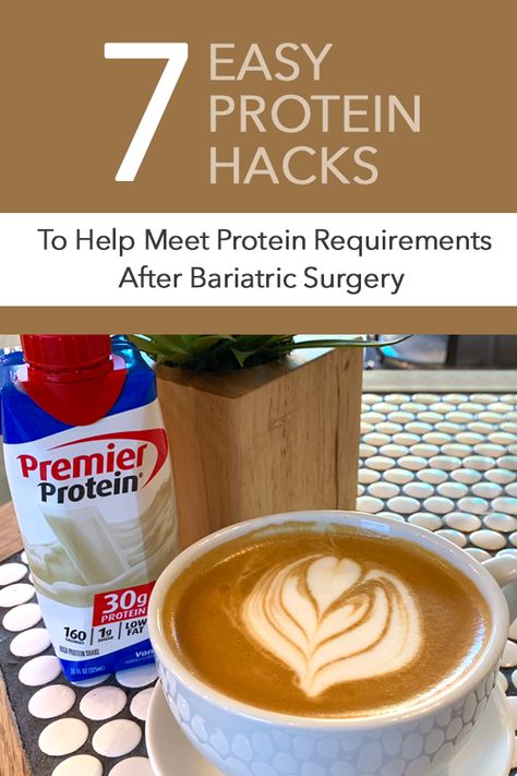 It can be difficult to meet the protein requirements after bariatric surgery, check out these 7 delicious and creative protein hacks that can be used with Premier Protein! #protein #weightlosssurgery #wls #bariatricsurgery #weightloss #loseweight #weightlossideas #premierprotein Premier Protein Shake Hacks, Baratic Recipes, Protein Hacks, Premier Protein Recipes, Bariatric Protein Shakes, High Protein Fast Food, Liquid Diet Plan, Protien Shake Recipes, Full Liquid Diet