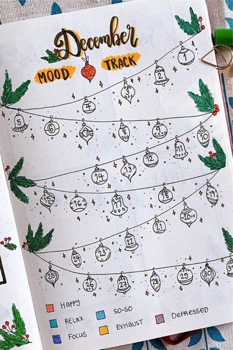 Check out the best MOOD TRACKER ideas to try in your bullet journal this December! #bujo #bulletjournal #moodtracker #bujoideas Christmas Tree Mood Tracker, December Mood Tracker Ideas, December Bujo Mood Tracker, December Mood Tracker Bullet Journal, December Bujo Ideas, December Bullet Journal Mood Tracker, Winter Mood Tracker, Christmas Mood Tracker, December Mood Tracker