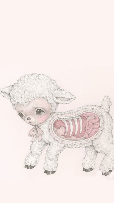 Taxidermy Wallpaper, Vintage Lamb Illustration, Lamb Wallpaper, Creepy Cute Aesthetic, Wall Pics, Pink Sheep, Cute Lamb, Yami Kawaii, Creepy Cute