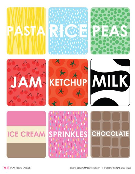 Get our free printable template with food labels and make your own dramatic play accessories for your kids' play kitchen. A simple and colorful pretend play set your kids will love! #diyplaykitchen #dramaticplay  #playfood #pretendplay #yeswemadethis Pretend Play Food Printables, Play Kitchen Printables Free, Play Food Printables, Diy Play Kitchen Accessories, Diy Play Food, Printable Pretend Play, Play Food Diy, Kitchen Pretend Play, Food Label Template