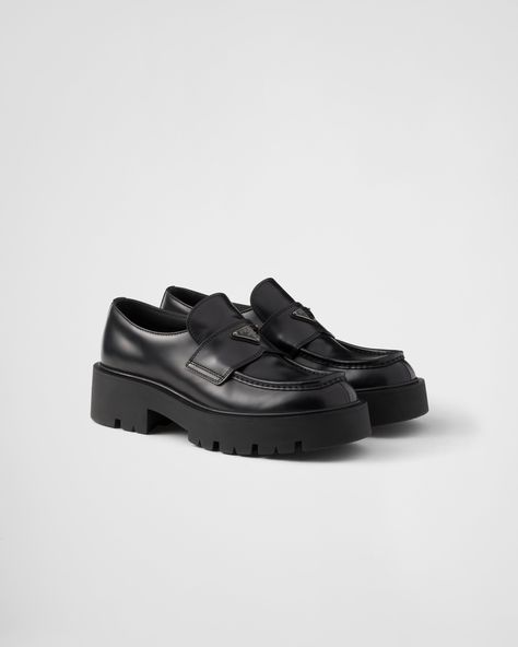 Black Brushed Leather Loafers | PRADA Mens Prada, Prada Loafers, Shoe Technology, Mens Travel Bag, Men Loafers, Triangle Logo, Lacing Sneakers, Driving Shoes, Boots And Sneakers