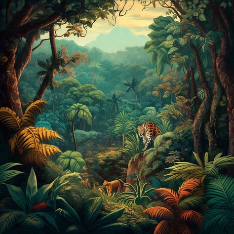 Jungle Illustration Background, Jungle Painting Acrylic, Jungle Art Tropical, Jungle With Animals, Jungle Camping, Henri Rousseau Paintings, Jungle Artwork, Tiger In The Jungle, Painting Jungle