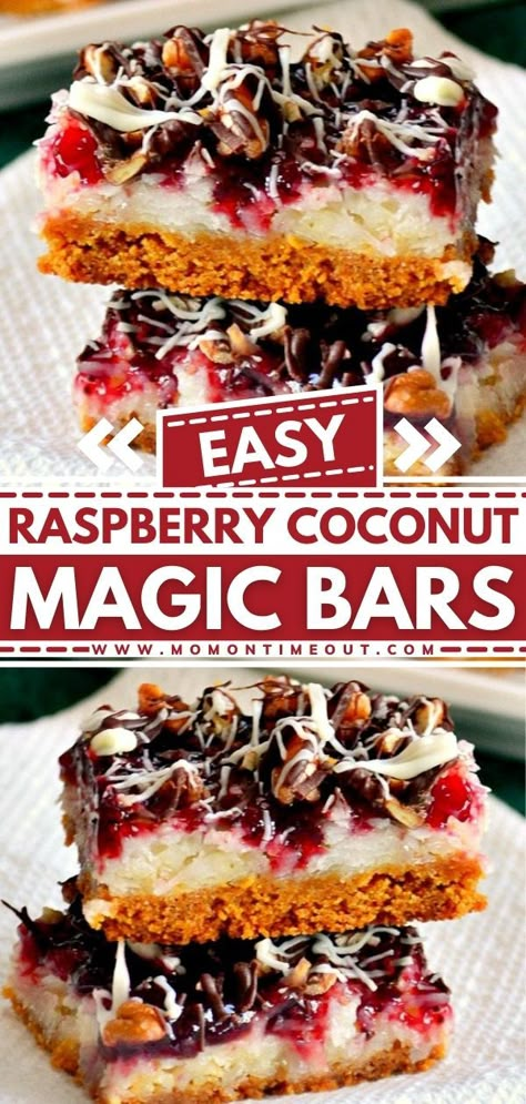 Raspberry Coconut Magic Bars Layered Bars With Coconut, Magic Bars Christmas, Raspberry Magic Bars, Easter Magic Bars, Raspberry Magic Cookie Bars, Spring Desserts Ideas, Easter Coconut Desserts, Dessert Easter Recipes, Valentine Bars Desserts