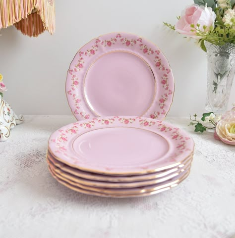 "Pink porcelain dessert plate set for 6. Pink porcelain dish from LL with pink and white floral decorations and 24 karat gold. Plate set includes: 6 x Dessert plate 19 cm/ 7.5\" (diameter) All items of the set are in excellent condition, with no chips or cracks, some tracks of use (please see pictures).   Unique Slav pink porcelain. This exclusive kind of porcelain has been manufactured in Slavic Europe since 1811. Original pink porcelain is made by adding a special dye substance to porcelain mass, before the firing process and precisely mixed until it achieved pink color. Afterwards, product is glazed with transparent glaze. This technique gives a real pink porcelain, contrary to other producents, who usually are putting pink glazing on regular white porcelain. That kind of porcelain has Pink China Dishes, Cute Dishware, Aesthetic Dishware, Cute Dishes Sets, Dinnerware Sets Unique, Pink Kitchenware, Cute Plates, Pink Kitchen Ideas, Unique Kitchen Items