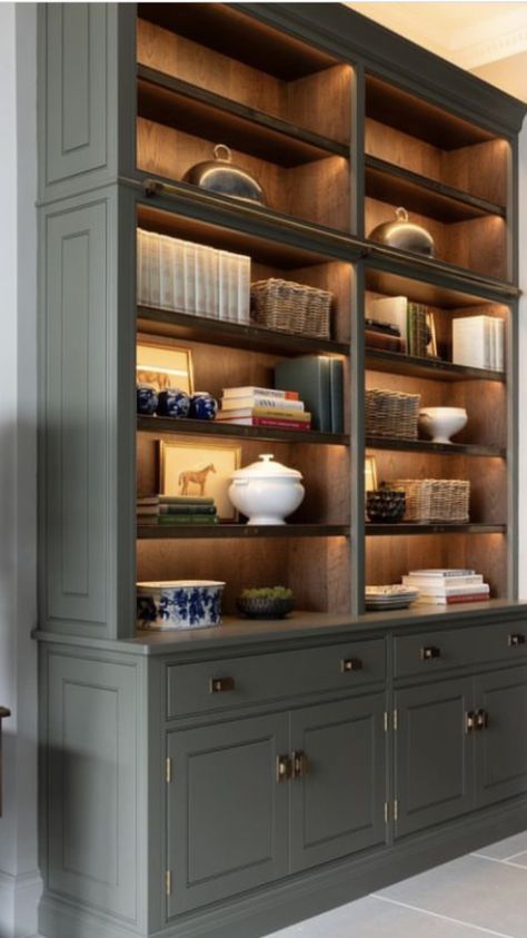 Free Standing Built Ins, Built In Bookshelves Accent Color, Built In Shelf Colors, Painted And Stained Bookcase, Dining Room With Bookshelf, Two Tone Bookcase Built Ins, Two Toned Bookshelf, 2 Tone Built In Bookshelves, Built In Bookcase With Cabinets