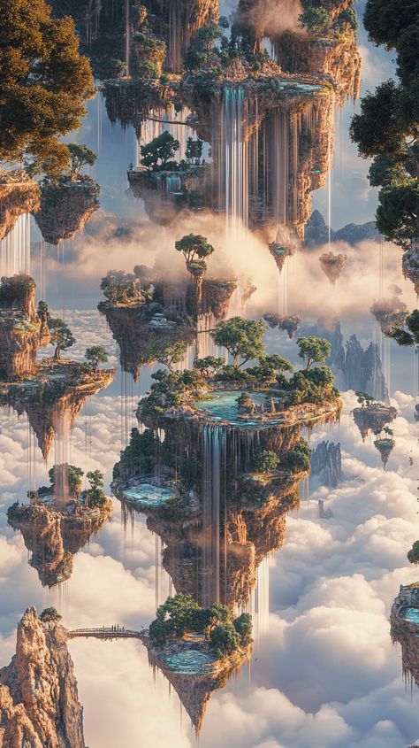 A surreal landscape of floating islands, each connected by delicate bridges made of vines and crystal paths. On these islands, massive creatures the size of mountains stroll lazily through the sky, creating soft ripples in the air. Beneath the islands, clouds cascade like waterfalls into a vast void below. --ar 9:16 --style raw --v 6.1 Illustration Prompts, Whimsical Characters, Vision Art, Underwater City, Inner Landscape, Hair Flow, Mystical Forest, Cyberpunk Style, Forest Floor