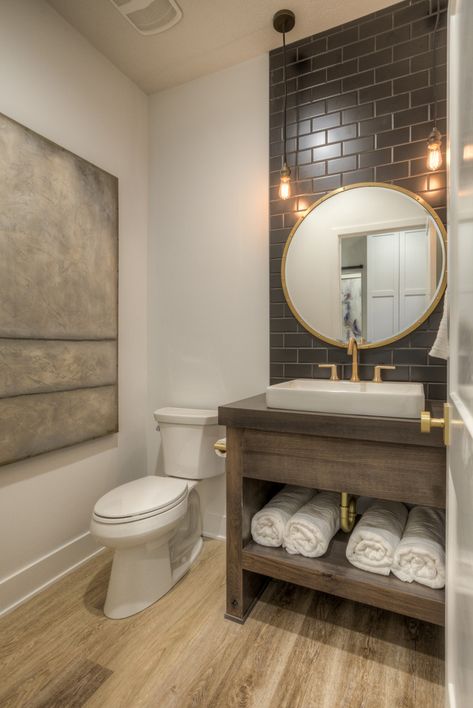 Project Jojo - Farmhouse - Powder Room - Omaha - by Abby at Lee Douglas Interiors | Houzz Powder Bathroom Ideas Half Baths, Powder Room Vanity Ideas, Powder Room Ideas Modern, Powder Bathroom Ideas, Farmhouse Powder Room, Powder Room Renovation, Modern Powder Room, Powder Room Remodel, Powder Room Vanity