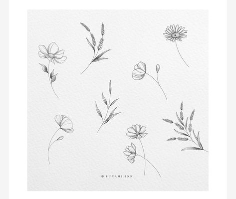 Simple Cosmos Tattoo, Flowers Line Tattoo, Dainty Fine Line Tattoo, Fineline Floral Tattoo, Fine Line Flowers, Fineline Flowers, Leg Tattoos Aesthetic, Bunami Ink, Dainty Flower Tattoos