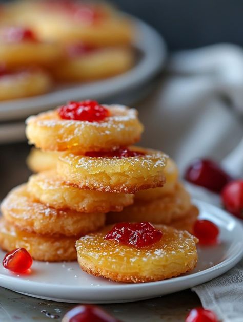 Pineapple Upside Down Sugar Cookies  These Pineapple Upside Down Sugar Cookies combine the tropical sweetness of pineapple with the classic charm of sugar cookies. Perfect for a delightful treat, these cookies are sure to bring a taste of sunshine to any occasion.  Ingredients  For the Cookie Dough:   • 2 1/2 cups all-purpose flour  • 1 teaspoon baking powder  • 1/2 teaspoon baking soda  • 1/2 teaspoon salt  • 1 cup unsalted butter, softened  • 1 1/2 cups granulated sugar  • 1 large egg  • 1 teaspoon vanilla extract  • 1/4 cup sour cream  For the Topping:   • 1 can (20 oz) pineapple slices, drained and cut into small pieces  • 1/2 cup brown sugar  • 1/4 cup unsalted butter, melted  • Maraschino cherries, halved (optional)  Instructions   1. Prepare the Cookie Dough:  • Preheat your oven to Easy Tasty Recipes, Cherry Cookies Recipes, Pineapple Cookies, Cherry Cookies, Maraschino Cherries, Pineapple Recipes, Cherry Desserts, Cookies Easy, Pineapple Slices