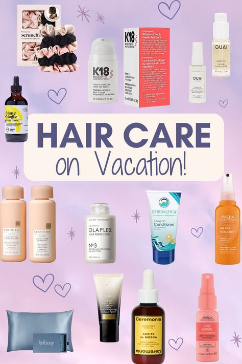 The Image reads- Hair care on vacation. There is a purple background with images of the best hair care products on the market that are perfect for hair growth and keeping your hair healthy on vacations. Products include k18 hair serum, Ouai vacation hair spray, Stream2Sea leave-in conditioner, scalp oil, Kristin Ess Shampoo and Conditioner, Olaplex hair mask, and Organic Olivia Magic Mane Hair drops. Travel Hair Products, Hair Vacation, Hair Care Essentials, Vacation Hair, Best Hair Products, Travel Hair, Vacation Hairstyles, Hair Repair Mask, Travel Hairstyles