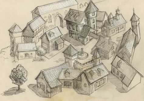 Village by carbrax Village House Design Drawing, Dnd Small Village Map, Medieval Town Drawing, Medieval Village Drawing, Medieval Village Illustration, Medieval Village Map, Fantasy Village Drawing, Village Map Drawing, Villages Drawing