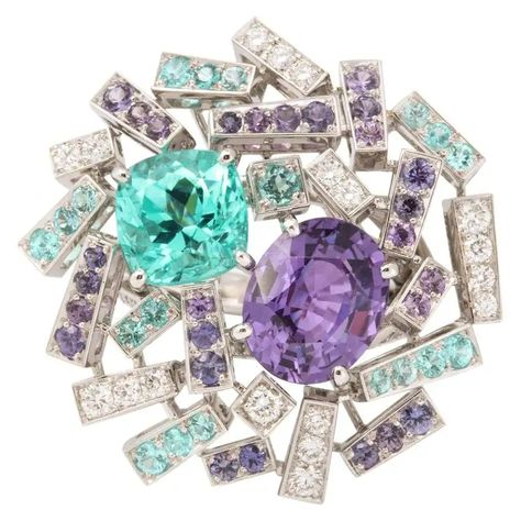 Chaumet Paraiba Tourmaline Diamond Sapphire Ring For Sale at 1stDibs Vintage Cocktail Rings, Diamond Sapphire Ring, Emerald Diamond Earrings, Beautiful Tiaras, Vintage Cocktail Ring, Oval Diamond Ring, Diamond Bows, Paraiba Tourmaline, Purple Jewelry