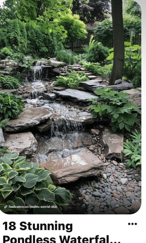 Unique Pond Waterfall Ideas, Water Feature Landscaping, Rock Water Features For The Yard, Pondless Waterfall Diy How To Build, Flagstone Waterfall, Small Ponds With Waterfall, Waterfall Landscaping Ideas, Waterfall Garden Ideas, Slate Waterfall