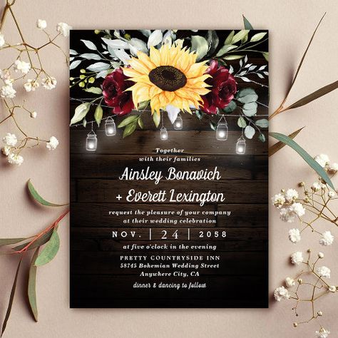 Sunflower And Burgundy Red Rose Rustic Wedding Invitation #zazzle #weddinginvitations #birthdayinvitations #babyshowerinvitations #zazzleinvitations #monogram #businesscards #graduation #homedecor Red Roses And Sunflowers, Fall Roses, Garden Sunflowers, Wedding Invitation Message, Sunflowers And Roses, Twinkle String Lights, Sunflower Themed Wedding, Rustic Wedding Invitation, Sunflower Wedding Invitations