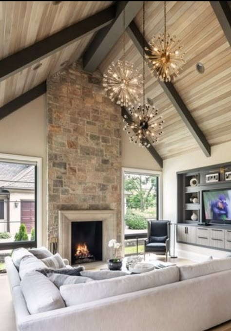 Modern Mountain Interior, Ceiling Beams Living Room, Cathedral Ceiling Living Room, Mountain Interior Design, Beams Living Room, Vaulted Ceiling Living Room, Family Room Addition, Barndominium Ideas Floor Plans, Casa Vintage