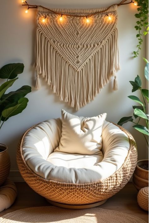 Bohemian papasan chair with macramé and plants Boho Bedroom Chair, Reading Chair Corner Small Spaces, Papasan Chair Reading Nook, Papasan Chair Bedroom, Hanging Reading Chair, Boho Reading Corner, Reading Chair Corner, Chic Reading Nook, Boho Reading Nook