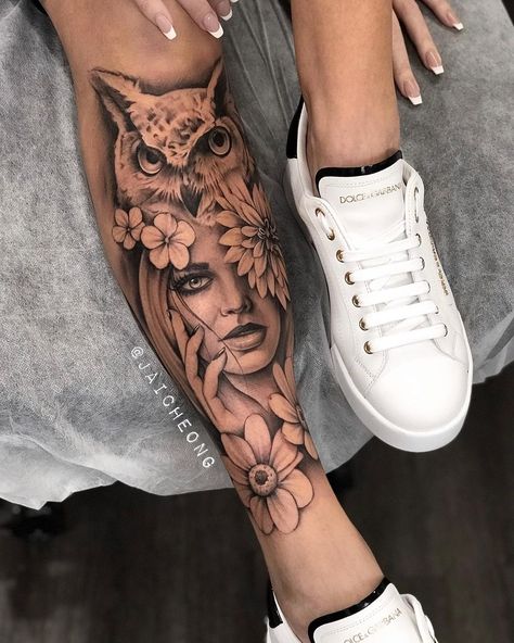 Womens Shin Tattoo, Women Leg Tattoo Ideas, Whimsy Tattoo, Owl Thigh Tattoos, Tatto Designs, Classy Tattoos For Women, Lower Leg Tattoos, Owl Wisdom, Shin Tattoo