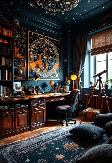 Dark Academia Decor Galaxy Office Design, Astrology Interior Design, Celestial Office Aesthetic, Dark Academia Game Room, Wizard Study Room, Dark Academia Gaming Room, Gothic Office Ideas, Dark Academia Astronomy, Academia Office Aesthetic