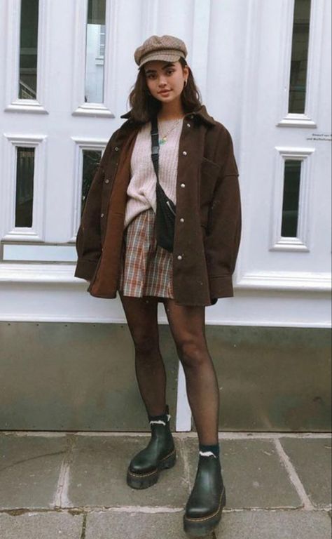 Autumn Style Women Outfit Ideas, Winter Dress And Coat, Post Romance Style, Dr Martin Platform Outfit, Winter Outfits Aesthetic Mid Size, Dutch Aesthetic Outfits, Rainy Fall Outfit Aesthetic, Brown Mock Neck Top Outfit, Doc Martens Rometty Outfit