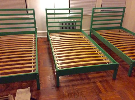 IKEA tarva bed stained green Kidcore Bedroom, Tarva Bed, Green Kids Room, Green Kids Rooms, Ikea Tarva, Bed Ikea, Cabin Beds, Shared Kids Room, Boy Rooms