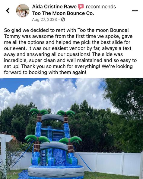 Review Tuesdays 🙌🏻. Thanks for review Aida 🙏🏻. We try here at Too The Moon Bounce Co to make the process as simple , smooth and easy as possible. We get you have a lot going on and last thing you need to worry about is your water slide rental . Give us a call or txt 850-247-8078. Look:👀 www.toothemoonbounceco.com #bounce #with #me #allinone #bounceorlando #orlandobounce #waterslide #apopka Water Slide Rentals, Moon Bounce, Cool Slides, Water Slide, Water Slides, A Call, The Process, Thank You So Much, The Moon