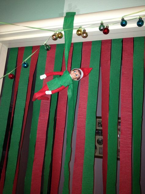 Elf On The Shelf With Streamers, Elf Streamers, Classroom Elf, Santas Coming, Xmas Elf, Elf Antics, Elf Fun, The Elf, The Floor