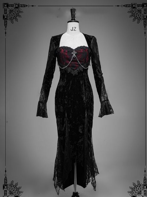 Elevate your gothic elegance with our Velvet and Lace Vampire Mermaid Dress. This captivating piece features a rhinestone, cross, and chain-adorned sweetheart neckline that adds a touch of dark romance. The stretchy lace long sleeves provide comfort and an alluring appeal, while the velvet mermaid skirt with semi-sheer lace patches offers a dramatic, ethereal finish.   	 		 			Size 			S 			M 			L 			XL 		 		 			Bust 			84 			88 			92 			96 		 		 			Full Length 			127 			128 			129 			130 Dark Romance Outfit, Romantic Goth Fashion, Vampire Goth Outfits, Romantic Goth Dress, Vampire Mermaid, Dramatic Ethereal, Goth Prom Dress, Goth Dresses, Gothic Prom Dress