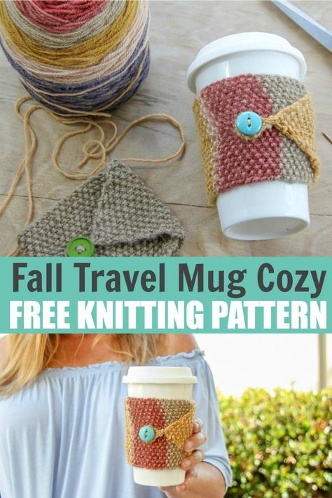 Fall Knit Cozy Project: Free Knitting Pattern #knitting #knit #freepattern Loom Knit Mug Cozy, Coffee Cozy Knitting Pattern Free, Mug Cozy Knitting Pattern, Knit Cup Cozy Free Pattern, Simple Knit Projects, Easy Knit Gifts Christmas, Knitted Mug Cozy Pattern Free, Selling Knitted Items, Knitted Cup Cozy Pattern Free