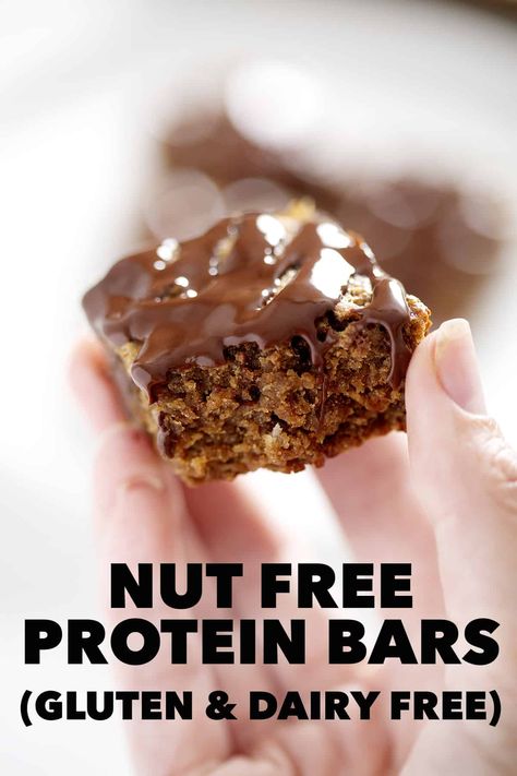 These Nut Free Protein Bars (Gluten and Dairy Free) taste just like your favorite chocolate chip store bought product. They just have more protein, less sugar, and no mystery ingredients. Nut Free Protein Bars, Sugar Free Protein Bars, Protein Bars Recipe, Peanut Free Desserts, Gluten Free Protein Bars, Tree Nut Allergy, Gluten Free Protein, Protein Bars Homemade, Gluten Dairy Free