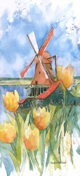 Annelein Beukenkamp, Tulips Watercolor, Windmill Art, Watercolor Pictures, High Key, Watercolor Inspiration, Water Colour, Watercolor Landscape, Acrylic Paints